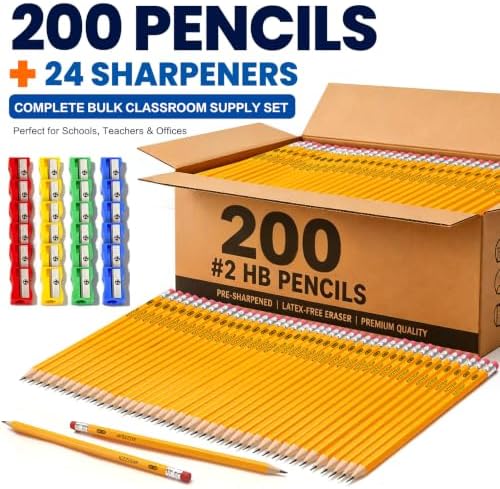 Pre-Sharpened Pencils Bulk Wood-Cased #2 HB Pencils 200 Count 24 Sharpeners