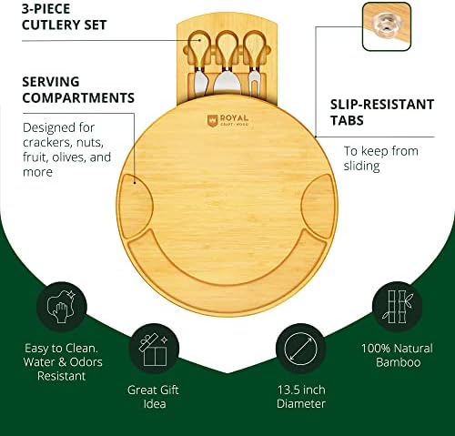 ROYAL CRAFT WOOD Bamboo Cheese Large Round Board and Knife Set with Charcuterie Board & Serving Tray Non - Expandable
