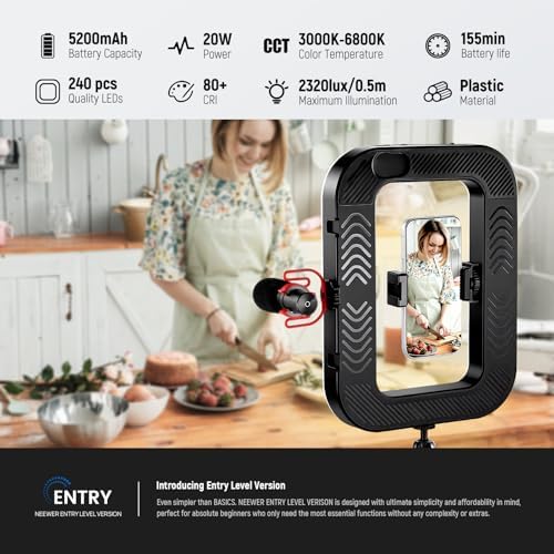 NEEWER Entry Level Version Phone Video Rig with Light, Handheld Stabilizer with 20W Bi Color LED Square Ring Light, 3 Cold Shoes/5200mAh Battery/CRI80+ for Selfie Streaming Vlog Recording, NL200B