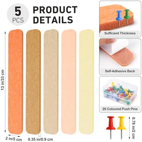 HAUTOCO Felt Bulletin Strips 5 Pack, 13" x 2" Self Adhesive Pin Board with 20 Push Pins, Peel and Stick Memo Board for Photos, Notes & Wall Decor, Dorm Room, Bedroom, Office, Linen Mix