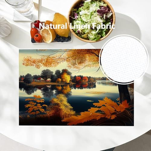 Batmerry Autumn Lakes Woods Linen Placemats Set of 4, Maple Leaves Scenery Art Washable Table Mats for Kitchen Table Thickened Heat Insulation Dining Set Indoor Outdoor 12X18 in