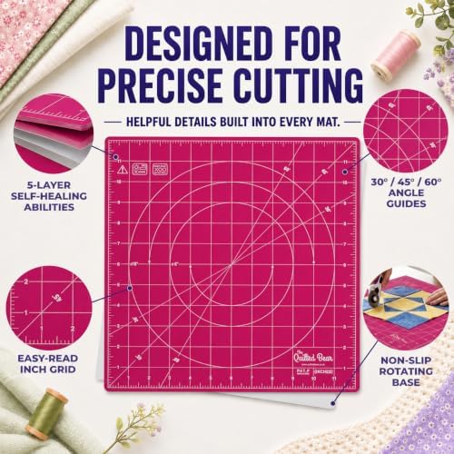 The Quilted Bear 12" x 12" Rotating Self-Healing Cutting Mat, Pink