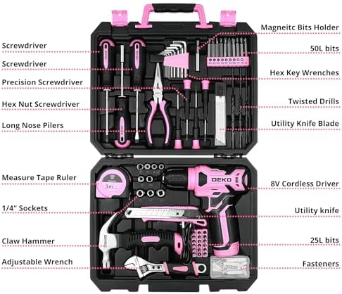 DEKOPRO Drill Set, Home Tool Set with 8V Pink Cordless Drill, Hand Tool Kit for Women, 126 pcs