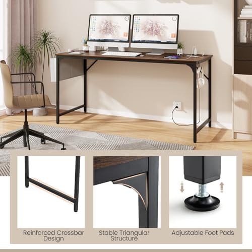 COSTWAY Home Office Desk, 32 Inch Computer Desk with Recessed Power Strip, Storage Bag & Headphone Hook, Wide Desktop, Modern Computer Workstation Writing Table for Home, Office (Rustic Brown + Black)