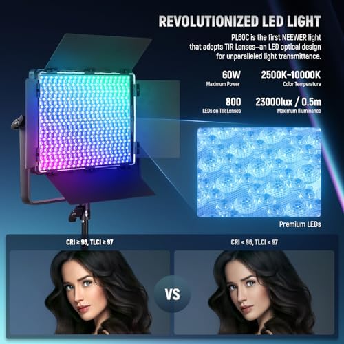 NEEWER PL60C RGB LED Panel Video Light APP/2.4G/DMX Control, 60W 23000Lux/0.5m 2500K-10000K RGBCW Pro Photography Studio Lighting /18 Scenes/V Battery Powered for Outdoor Filming Recording Streaming