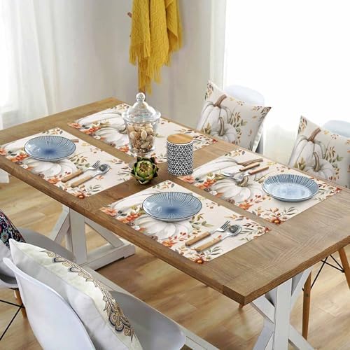 Fall Floral Leaves Placemat, Thanksgiving Pumpkins Heat Resistant Washable Table Place Mats Boho Cotton Table Linens Party Holiday Decorations for Home Kitchen Dining Table Outdoor Indoor,