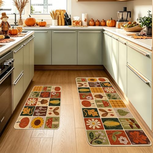 Baccessor Fall Kitchen Rugs Set of 2, Pumpkin Harvest Patchwork Kitchen Mats for Floor Washable Low-Profile Farmhouse Autumn Holiday Home Indoor Outdoor Decor 17x29 and 17x47 Inch