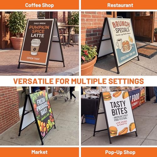 A-Frame Sidewalk Sign 22x28 Inch, Heavy Duty Double-Sided Sandwich Board Sign, Foldable Metal A Frame Sign Holder with Handle, Outdoor & Indoor Business Sign, Menu Board for Restaurants & Cafes