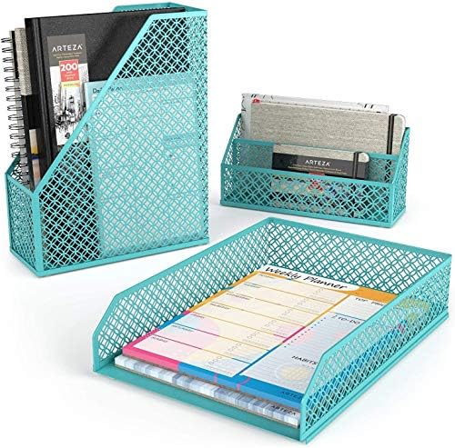 ARTEZA 6-Piece Teal Desk Accessories Set, Essential Desktop Organizer for Home Office, Includes Paper Organizer, Pencil Holder, Letter Sorter & More, Teal Office Supplies