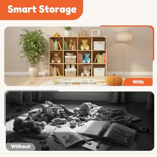 12 Cube Storage Organizer - Solid Wood Bookshelf - Cube Shelf - Vertical or Horizontal Bookcase - Open Book Shelf - Easy Assembly for Bedroom, Living Room, Office