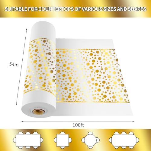 CXPSINC 54 Inch X 100 Feet Plastic Table Cover Roll Disposable Tablecloth with Slide Cutter for All Type/Shape Tables | Party, Banquet, Birthdays, Weddings(White Golden Dot, 100 Feet)