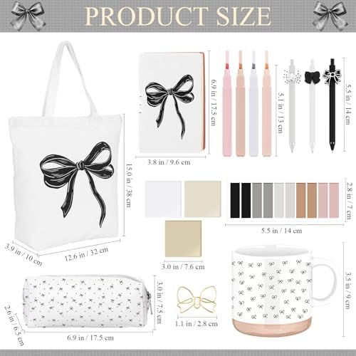 Reallnaive 25 Pcs Black Bow Stationery Gift Set for Women, Coquette School Supplies Box with Mug A6 Notebook Tote Bag Pens Highlighters Pencil Pouch, Cute Desk Accessories for Back to School, Birthday
