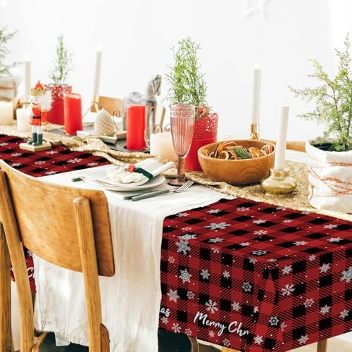 CXPSINC 54 Inch X 100 Feet Plastic Table Cover Roll Disposable Tablecloth with Slide Cutter for All Type/Shape Tables | Party, Banquet, Birthdays, Weddings(Red Checkered Snowflake, 100 Feet)