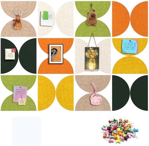 24PCS 11.8" Large Semi-Circle Felt Cork Board Tiles, Geometric Bulletin Boards with 50 Pushpins, 35 Adhesive Tabs for Office School Home Wall Decor Stickers Memos Photos Display (Semicircle)