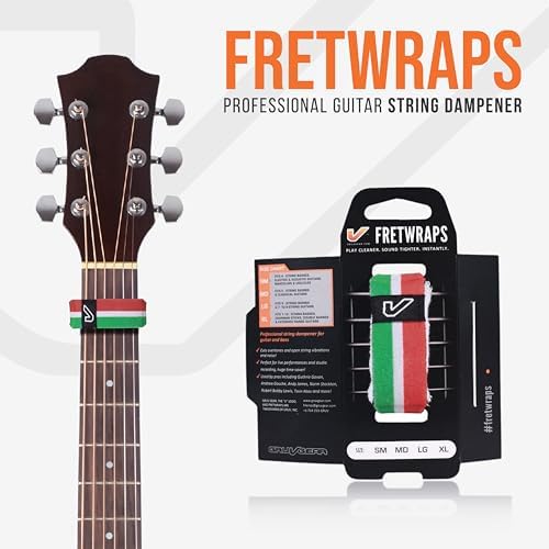 Gruv Gear Fret Wrap & Guitar Mute, Fretwrap for Acoustic, Electric & Bass | String Dampener Recording, Tapping & Practice Accessory (1 Pack, Medium Green/White/Red, Fits 5 String Bass, 7 String