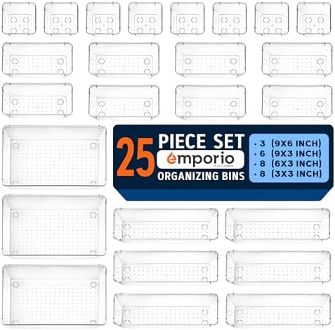 Drawer Organizer Set - Includes 3-piece 9x6 bins, 6-piece 9x3 bins, 8-piece 6x3 Bins, 8-piece 3x3 Bins, Stackable 4 Size Storage Trays for Makeup, Kitchen, and Office, 25 Pack