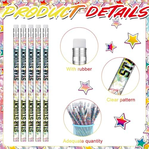 Tenceur 200 Pcs Star Student Motivational Pencils with Erasers Bulk 7.3 Inches Student Incentives Recognition Education Award Prize for Teacher School Classroom Reward Supplies