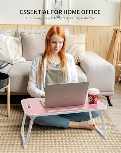 ZEAPTAC Laptop Bed Desk, Foldable Lap Desk, Portable Lap Table, Laptop Stand with Cup Holder, Tablet Slot & Lifting Handle for Work, Write, Draw & Eat on Bed, Sofa or Couch - Pink