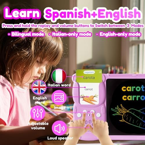 Writing Tablet with Bilingual Flash Cards for Kids, Italian Pink