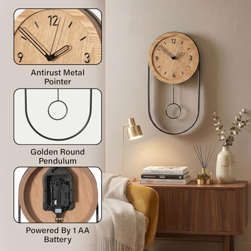 Clockswise 16-Inch Decorative Wall Clock Step Movement Mechanism Metal Frame Wooden Dial and Pendulum Design Battery-Operated Timepiece for Living Room Hallway or Office Décor, Natural Brown