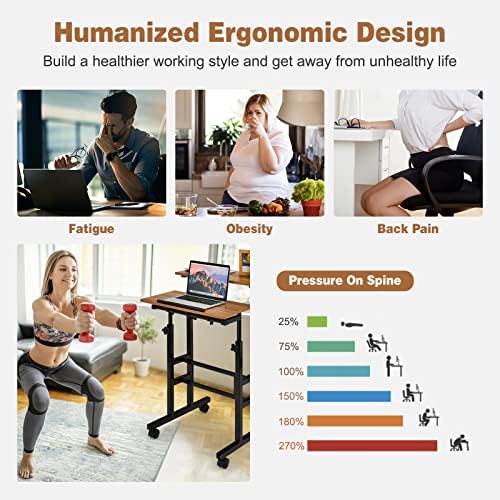 COSTWAY Mobile Standing Desk, Height Adjustable Rolling Laptop Cart w/Tilting Desktop for Standing or Sitting, Lockable Casters, Home Office Computer Workstation for Small Spaces (Brown)