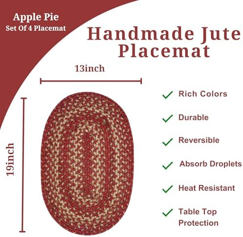 Homespice Apple Pie Jute Braided Table Mats, Oval 10x15 Set of 4