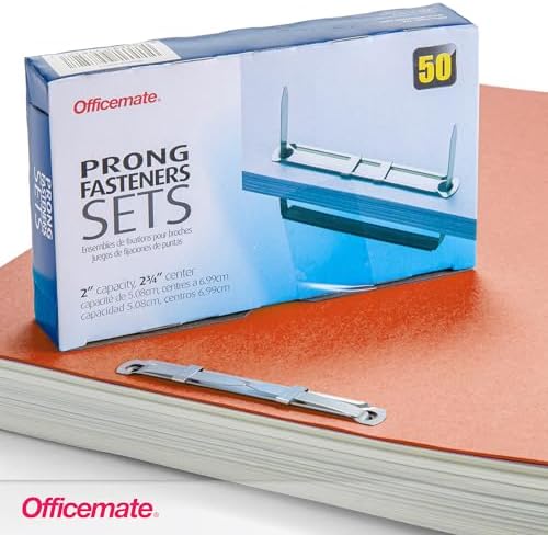 Officemate Prong Paper Fasteners, 2 inch Capacity, 2.75 inch Base, Box of 50 Complete Sets, (99852), Silver