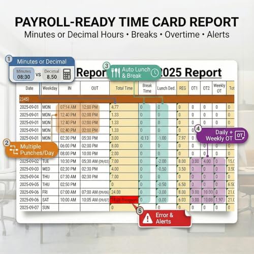App-Controlled Time Clock with 5s Fast Connection, Edit Records, Set Rules & Run 4 Reports, No Monthly Fee, Fingerprint Time Clock for Employees Small Business, 10 IC Cards