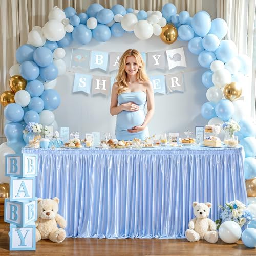 Wish Care 14ft Baby Blue Satin Table Skirt for Rectangle Tables Wrinkle Free Teacher Desk Skirt Glitter Ruffle Table Skirting Cloth for Back to School Classroom Office Dorm Birthday Party Table Decor