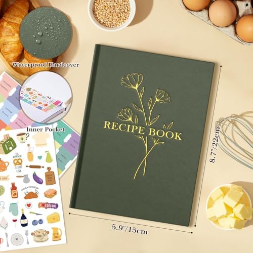 Lanpn Blank Recipe Book Cookbook to Write in Your Own Recipes, Waterproof A5 Empty Cooking Journal for 70 Recipes, Leather Cover Recipe Notebook with Stickers to Organize Your Family Recipes, Green