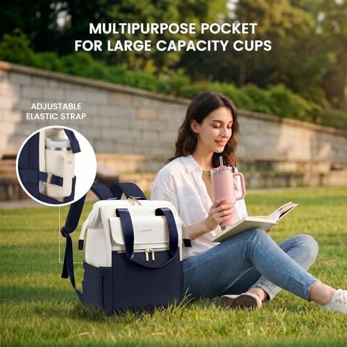 LOVEVOOK Laptop Backpack for Women, 15.6 Inch Work Laptop Bag with USB Port, Fashion Teacher Nurse Backpack Purse, Waterproof Travel Computer Backpack with Organizer Bag, 2PCS,Beige - Navy