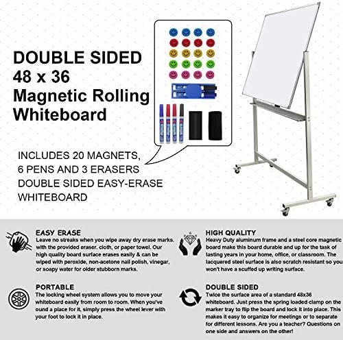 Mobile Whiteboard on Wheels, 48"x36" Double-Sided Magnetic Dry Erase Board - Flipchart Easel for Office, Classroom & Home, Rolling Stand with Easy Flip Feature