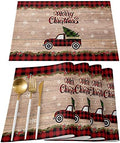 Christmas Tree Farmhouse Placemats Set of 4, Red Buffalo Plaid Truck Cotton Line Stain Resistant Table Mats Washable Holidays Merry Xmas Placemat Decoration For Kitchen Dining Table Merry Xmas