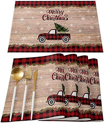 Christmas Tree Farmhouse Placemats Set of 4, Red Buffalo Plaid Truck Cotton Line Stain Resistant Table Mats Washable Holidays Merry Xmas Placemat Decoration For Kitchen Dining Table Merry Xmas