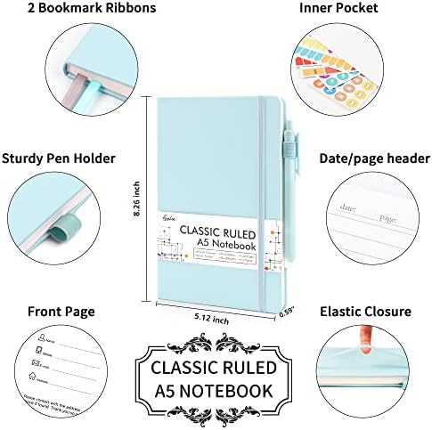 feela 3 Pack Notebooks Journals Bulk, Hardcover Notebook Classic Ruled Lined Journals with Pen Holder for Women Girls School Business Supplies, with 3 Black Pens, 120 GSM, 5.1”x8.3”, A5, Sky Blue