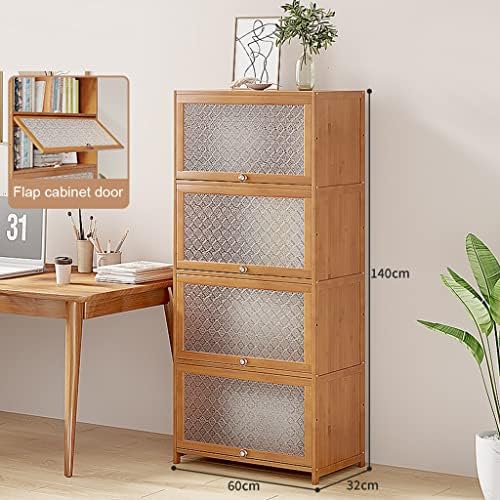 Bamboo Bookcase with flip-up Acrylic Doors, 1-5 Tier Free Standing Book Shelf Storage Organizer for Living Room Office Bedroom (Wood 60 * 32 * 140cm)