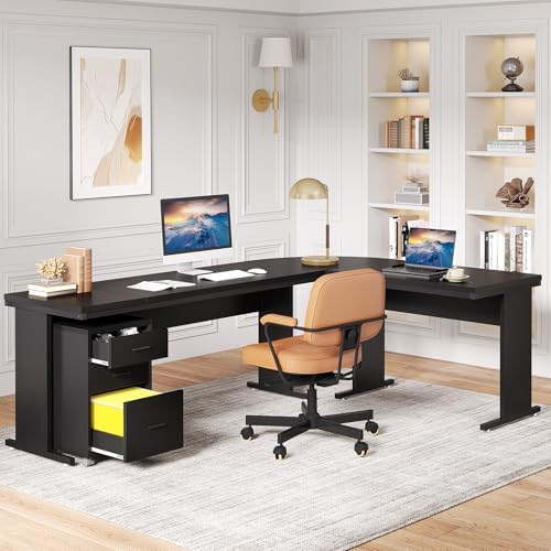 Tribesigns L-Shaped Executive Desk, Large Office Desk with 3-Drawer File Cabinet, Industrial Corner Computer Table with Drawers, Business Workstation for Home Office (Black, 83")