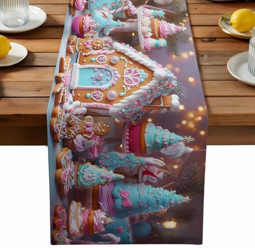 Christmas Table Runner Dresser Scarf 13 x 108 Inch Gingerbread House Gingerbread Man Cake Candy Table Runners Non-Slip Heat Resistant Kitchen Dining Table Decor for Home Holidays Indoor Outdoor
