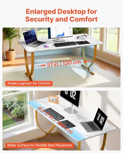 VEVOR Executive Desk, 63" W x 31.5" D Large Office Desk, Modern Computer Table Conference Meeting Room Table, Business Furniture Enlarged Desktop for Home Office, White and Gold