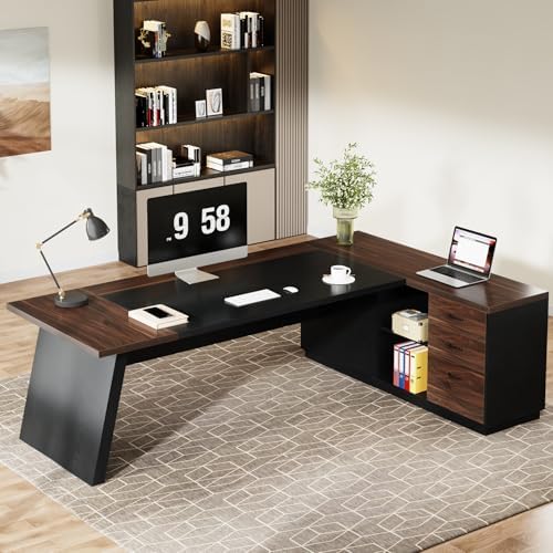 Tribesigns 78" L-Shaped Executive Desk, Large Office Desk with Drawers and File Cabinet, Modern Business Furniture for Home Office (Walnut & Black)
