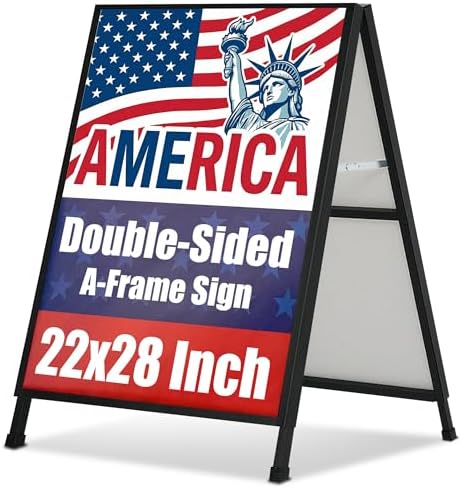 A-Frame Sidewalk Sign 22x28 Inch, Heavy Duty Metal A Frame Sign Holder, Double-Sided Folding Sandwich Board Sign, Slide-In Poster Design, Outdoor & Indoor Sidewalk Sign for Restaurants & Retail