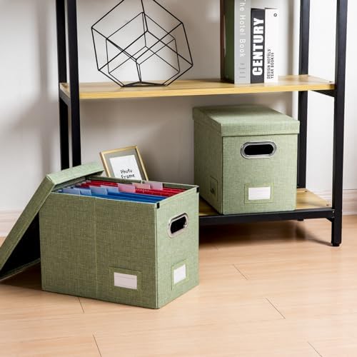 PRANDOM File Organizer Box - Set of 1 Collapsible Decorative Linen Filing Storage Hanging File Folders with Lids Office Cabinet Letter Size Green (14x9.3x10.8 inch)