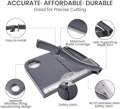 12" Paper Cutter, Precision Cut with Safety Protection and Blade Lock, 12 Sheets Capacity, Great for Cardstock, Cardboard, Photo, Vinyl, Crafts, Scrapbook (Grey)