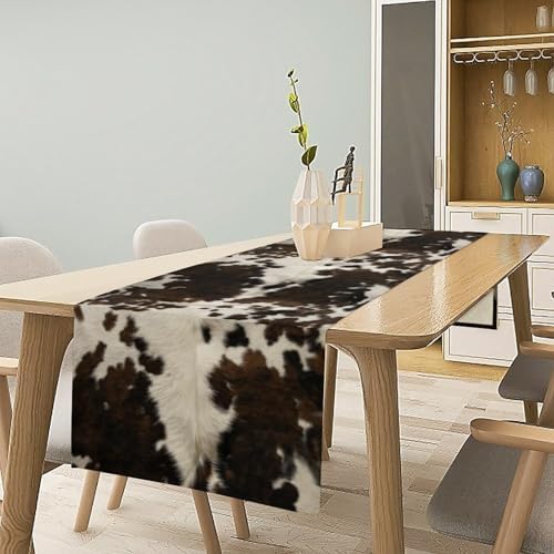 Cow Print Table Runner, Brown Cowhide Print Western Style Table Runner Country Farmhouse Cottage Cow Patten Table Decoration for Home Kitchen Dining, 13x108 Inch