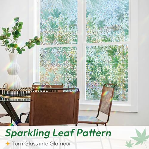 rabbitgoo Rainbow Window Privacy Film Decorative Stained Glass Diamond Pattern Window Sticker with Iridescent Tint Non-Adhesive Static Cling for Home Office Bathroom, Green Leaf 17.5 x78.7 inch