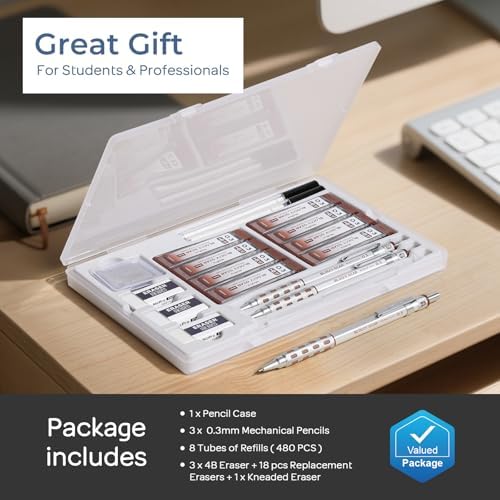 Nicpro 3 Pack Blocky Gear 0.3 mm Metal Mechanical Pencils Set with Case