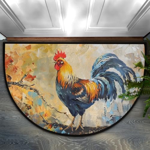 Pardick Vintage Rooster Farmhouse Half Round Door Mat, Non-Slip Welcome Indoor Entrance Way Rug Semi Circle Front Doormats Washable Bathroom Kitchen Floor Mat, Outdoor Rugs for Patio, Hearth Rug