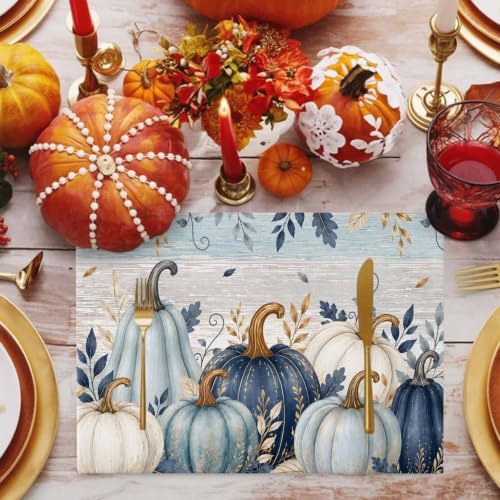 Fall Thanksgiving Placemats Set of 4, Teal Blue White Pumpkin Heat Resistant Washable Dining Table Mats Fall Holiday Farmhouse Decor for Kitchen&Linens Outdoor Indoor, Harvest Autumn Leaves