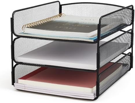 Safco Onyx Desk Organizer, 3 Trays, Office and Classroom Mailbox, Paper and Mail Sorter, Steel Mesh, Black