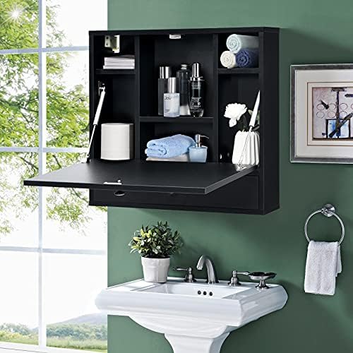 COSTWAY Wall-Mounted Computer Desk, Floating Desk with Storage Drawer & Shelves, Fold-up Desktop & Pneumatic Springs, Ideal for Home, Office, Dormitory, Small Spaces (Black)
